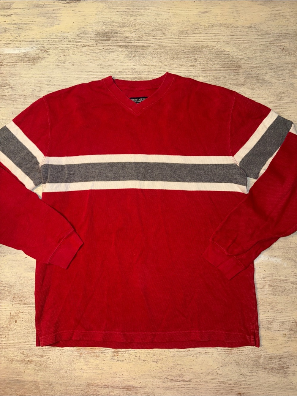 Vintage Y2K American Eagle Men's Red V-Neck Sweater Gray and White Stripes Small